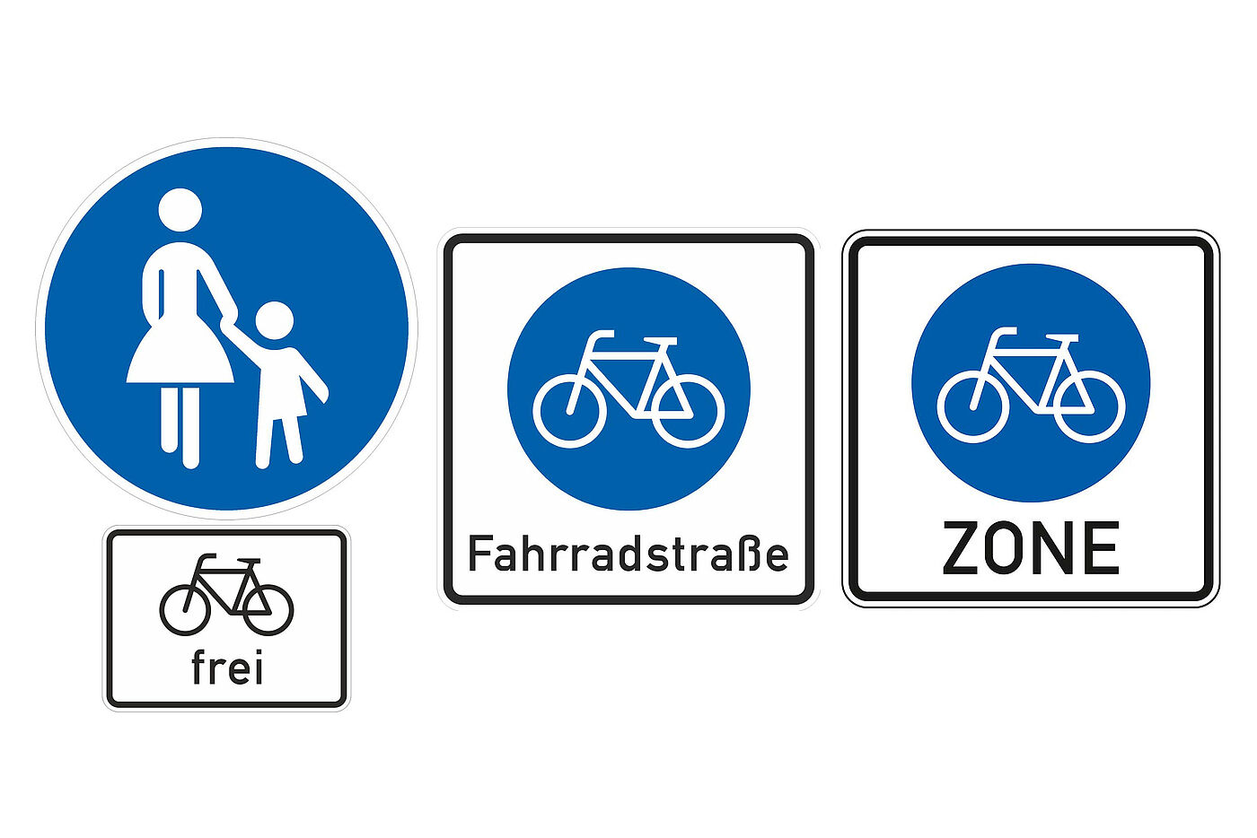 Von links: Zeichen 239 – Gehweg mit Zusatzschild „Radverkehr frei“ | Zeichen 244.1 – Fahrradstraße | Zeichen 244.3 – Fahrradzone